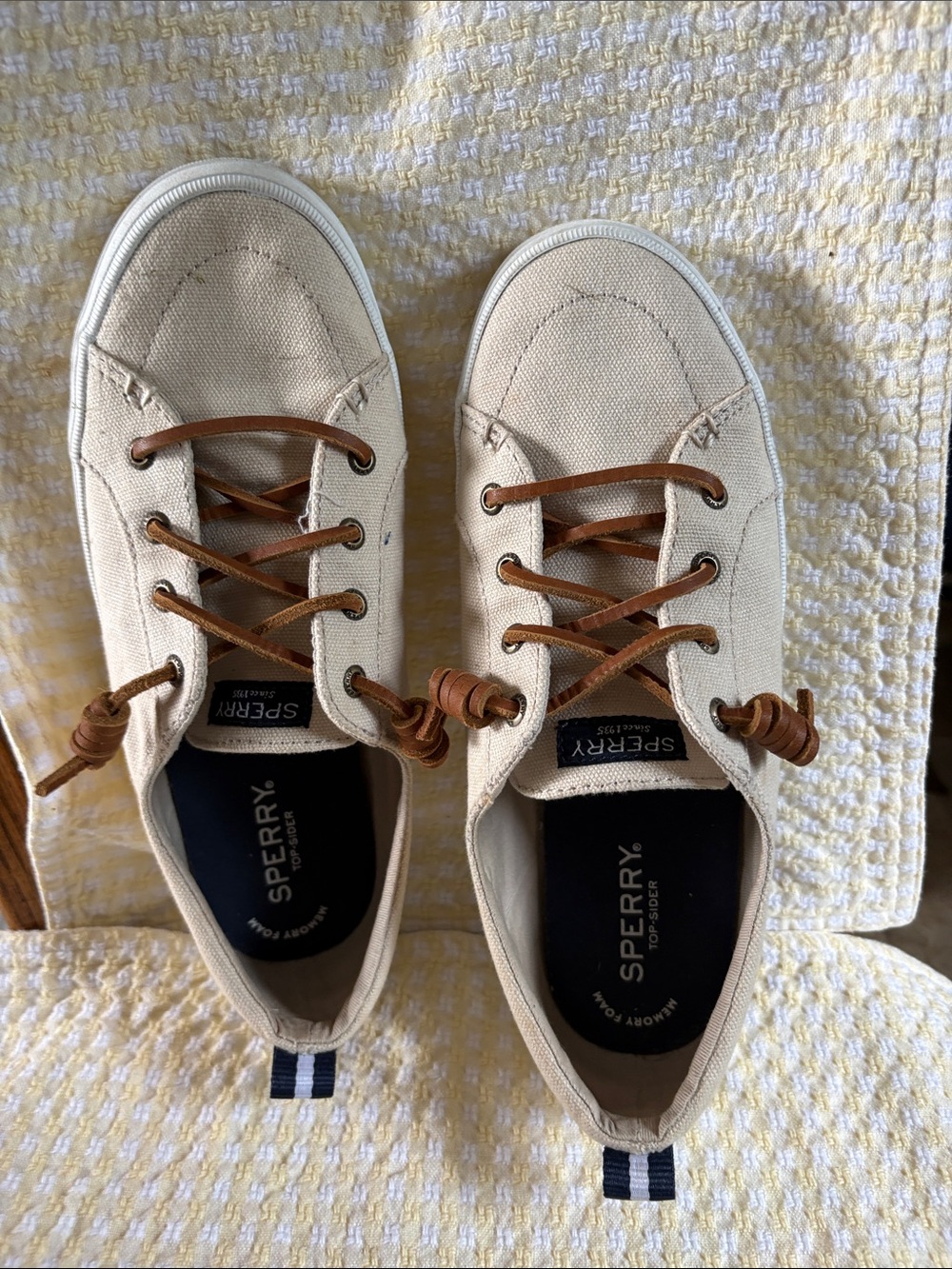 Sperry Cream Canvas Boat Shoes with Brown Laces